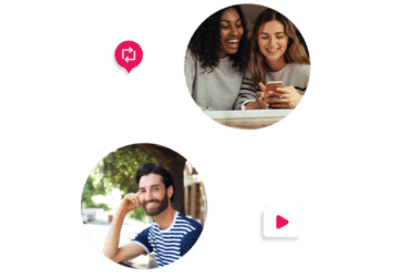 Round images of consumers with social sharing icons